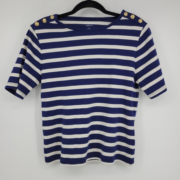 J.Crew Women Perfect-fit elbow-sleeve T-shirt in stripe with gold buttons Size L - Picture 4 of 11